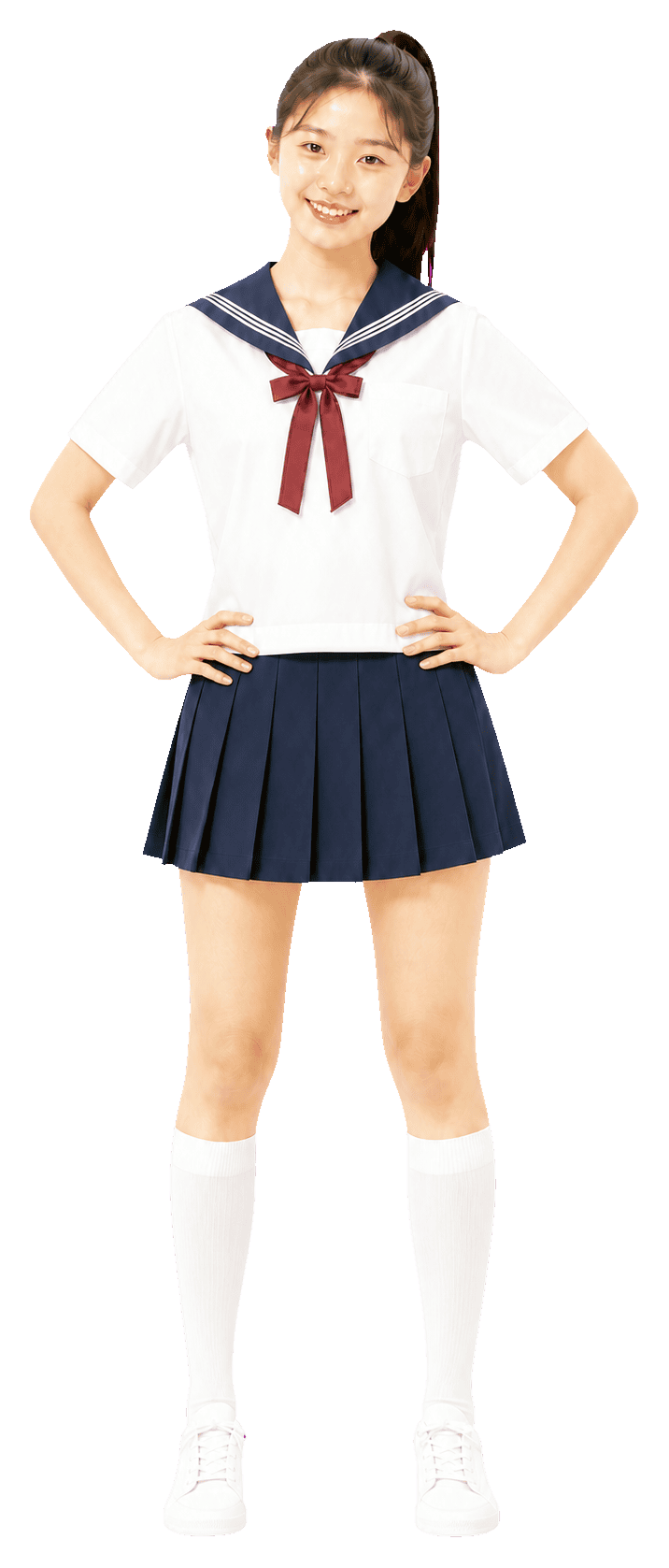 穿着白色水手服上衣与藏蓝色百褶裙的 JK 制服正面全身照
