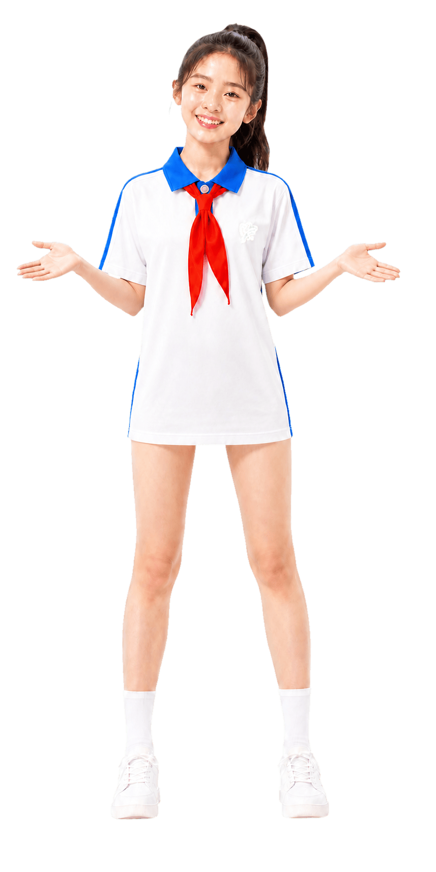 穿着较短长款深圳校服上衣并可爱地摊开双手的成年学生